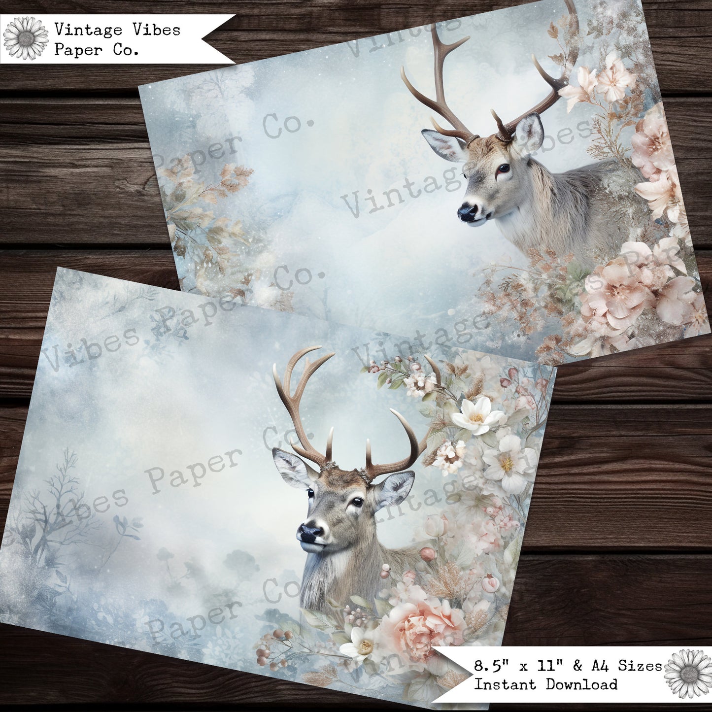 Junk journal papers floral reindeer, digital christmas printable papers, vintage deer festive junk journal pages, winter journal spread