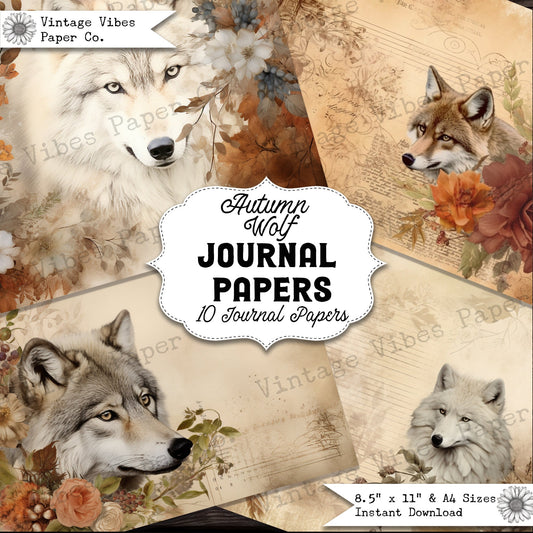 Autumn wolf junk journal papers, fall themed wolves digital printable paper pack for Autumn themed junk journals and craft projects