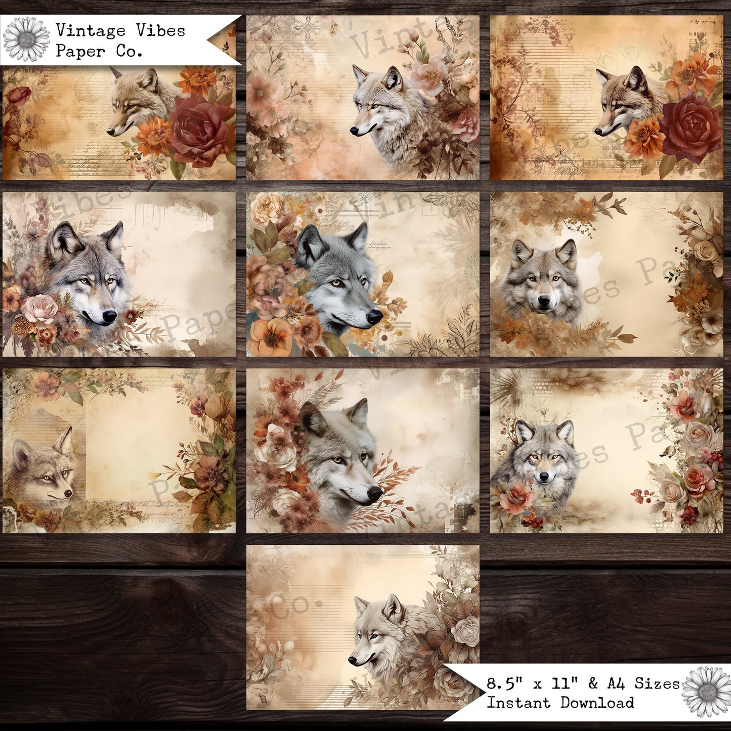 Junk journal papers Autumn wolf digital paper pack, junk journal collage sheets, perfect for fall themed junk journals & scrapbooking