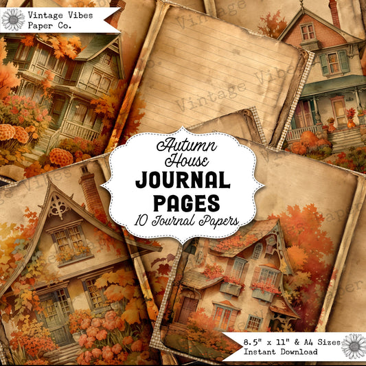 Junk journal pages Autumn Houses, vintage home digital printable papers, junk journal inserts for fall journal instant download