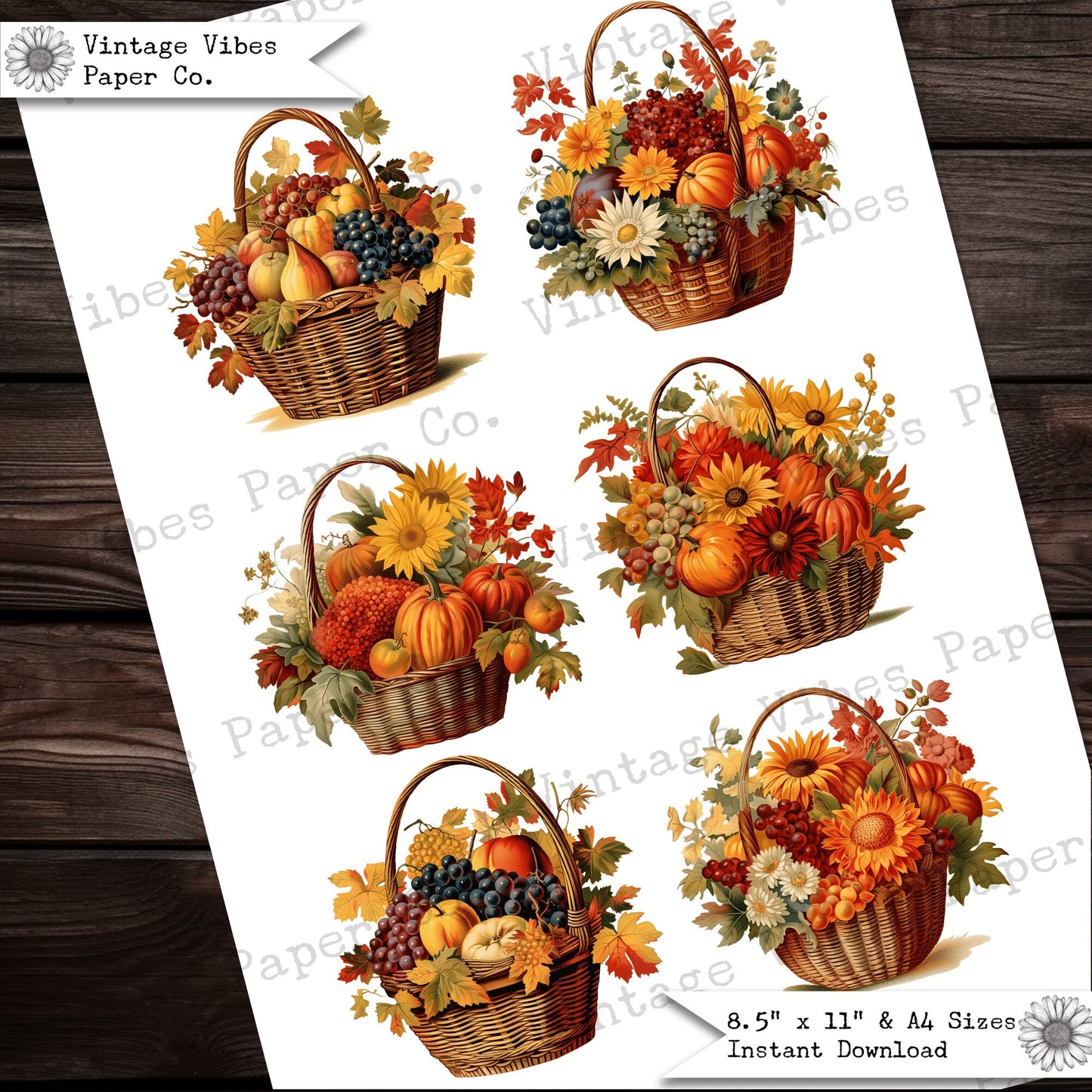 Autumn fussy cut ephemera for junk journals, Fall baskets with autumn flowers & pumpkins, beautiful autumn basket junk journal ephemera