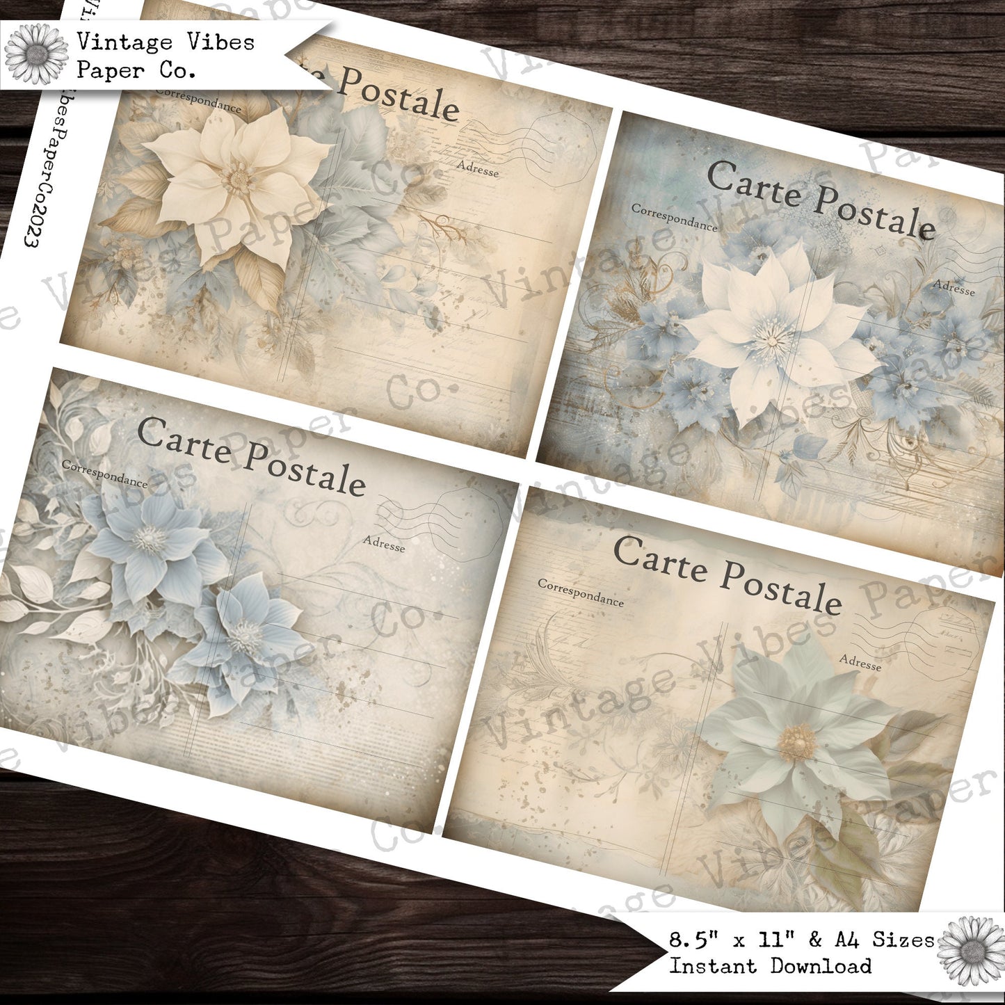 Junk journal ephemera postcards shabby poinsettia, vintage christmas botanical junk journal cards, digital printable ehemera kit 8 postcards