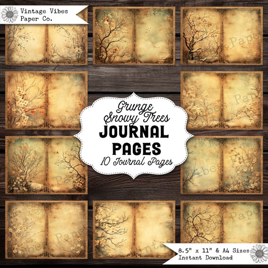 junk journal pages printable, grunge snowy trees, festive winter forrest digital junk journal papers, neutral colour background papers