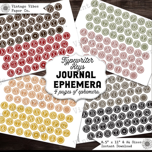 Junk journal printable ephemera coloured typewriter keys, circle coloulred letter labels to fussy cut out for junk journal projects