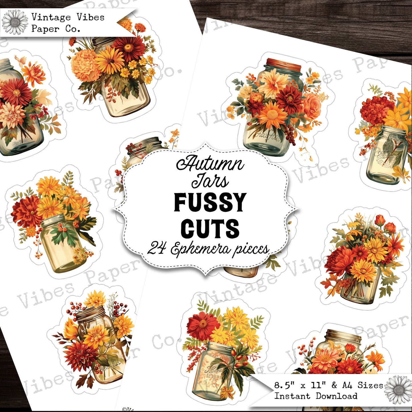 Junk journal fussy cut ephemera Autumn Jars perfect for farm themed junk journal, fall flowers junk journal cut outs digital ephemera sheets