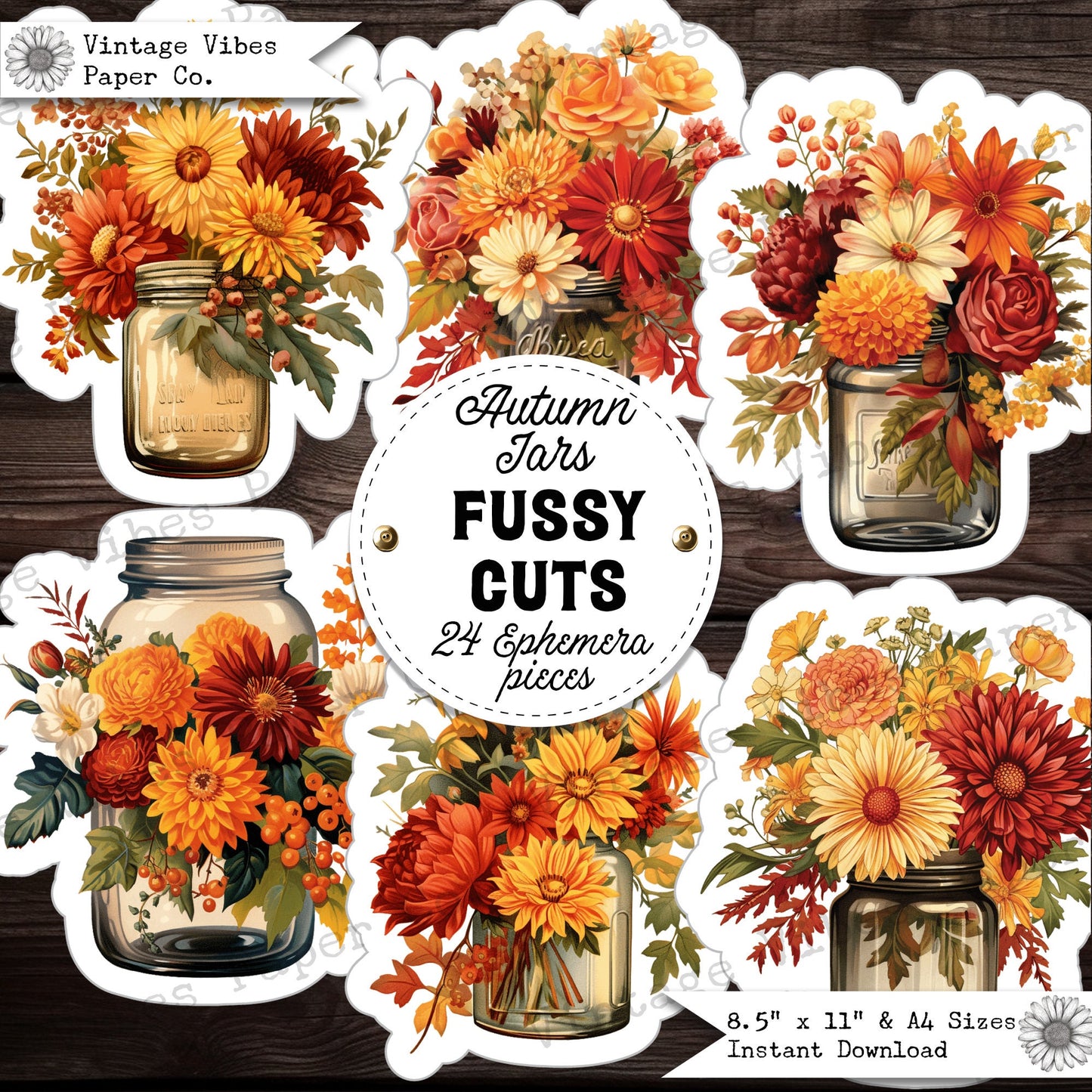 Junk journal fussy cut ephemera Autumn Jars perfect for farm themed junk journal, fall flowers junk journal cut outs digital ephemera sheets