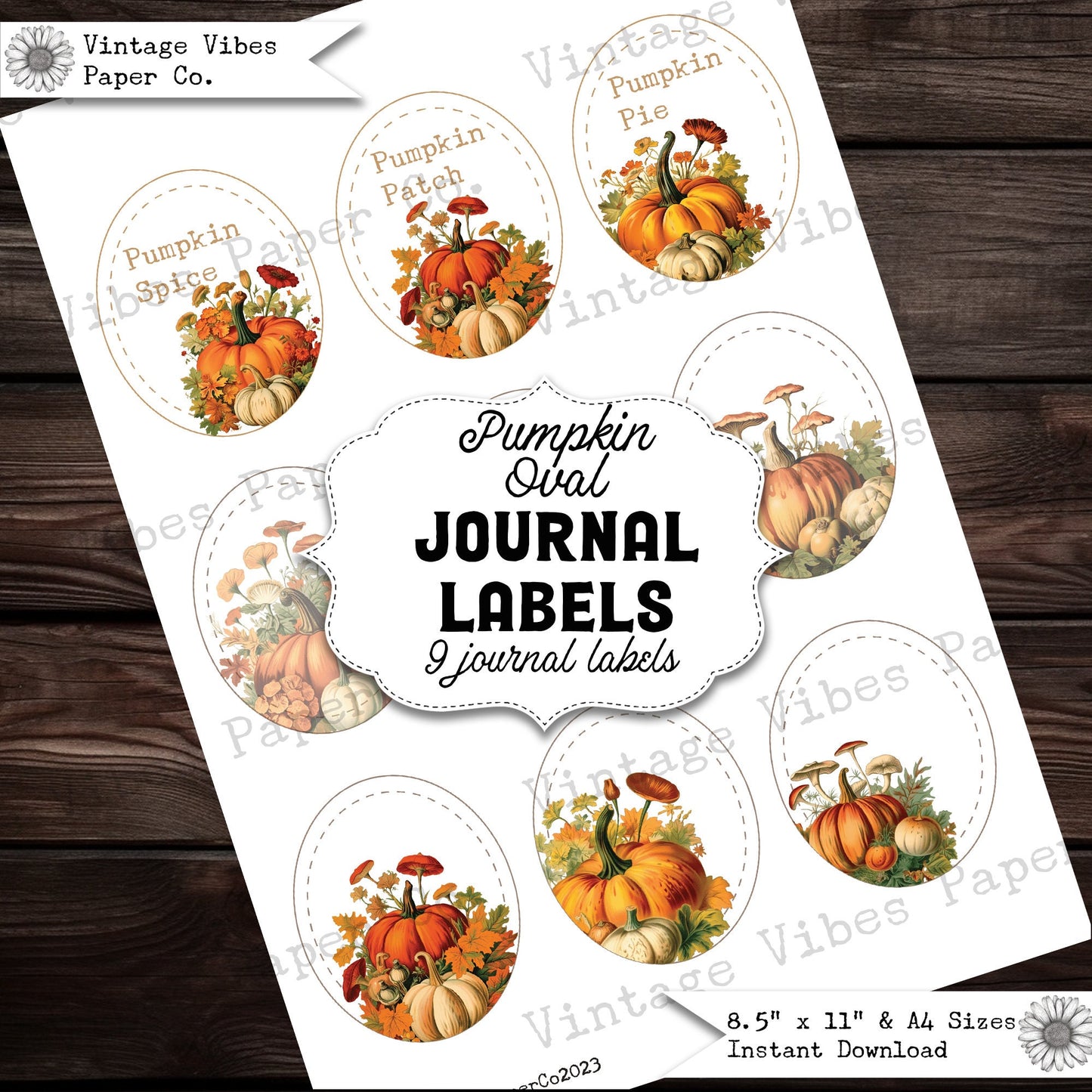 junk journal autumn pumpkin & mushroom oval labels, digital download printable page of 9 labels, Fall junk journal label page