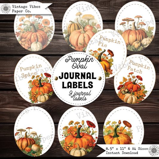 junk journal autumn pumpkin & mushroom oval labels, digital download printable page of 9 labels, Fall junk journal label page