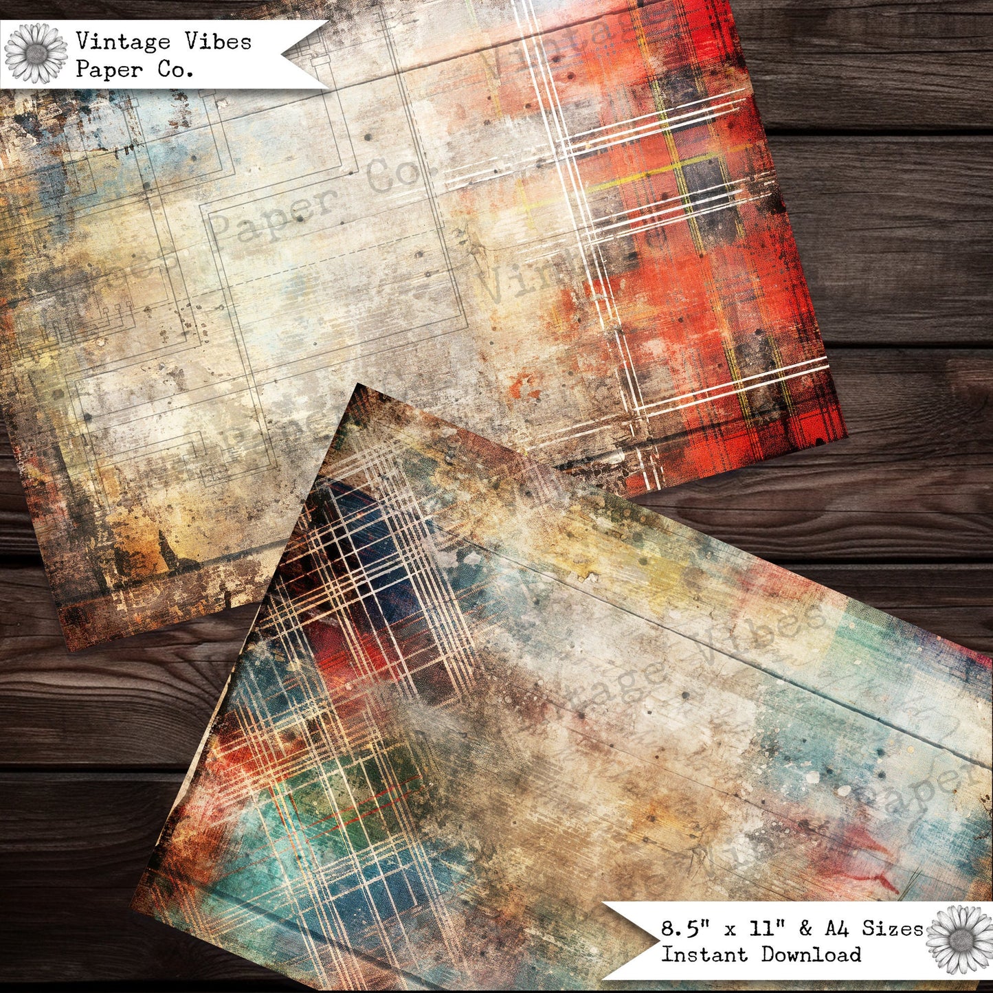 Junk journal papers Grunge tartan, rustic grungy plaid patterned textured collage pages for junk journalling & mixed media collage digital