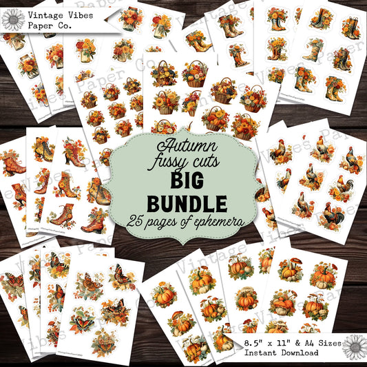 Junk journal Autumn epehemera fussy cut big bundle, digital vintage fall collage cut outs, printable autumn junk journal kit