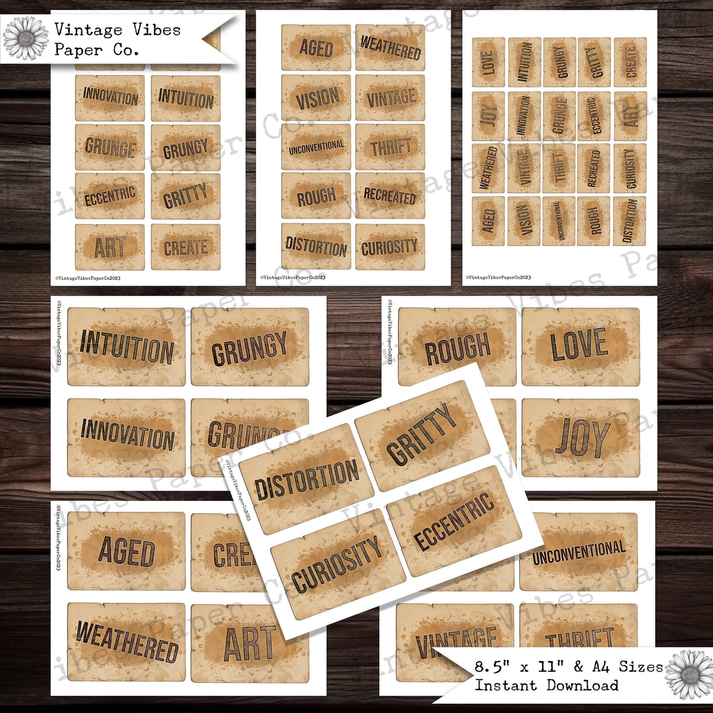 Junk journal epehmera grunge word journal cards, vintage style word junk journal digital labels, instant download printable journal inserts