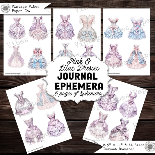 Printable fussy cuts vintage dresses, pink & lilac vintage gown digital ephemera for junk journals, perfect for fashion junk journal