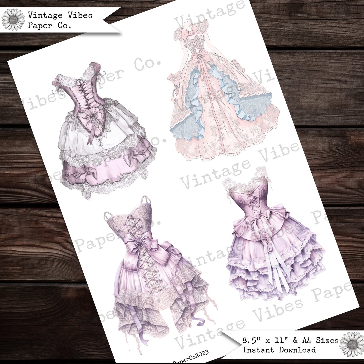 Printable fussy cuts vintage dresses, pink & lilac vintage gown digital ephemera for junk journals, perfect for fashion junk journal