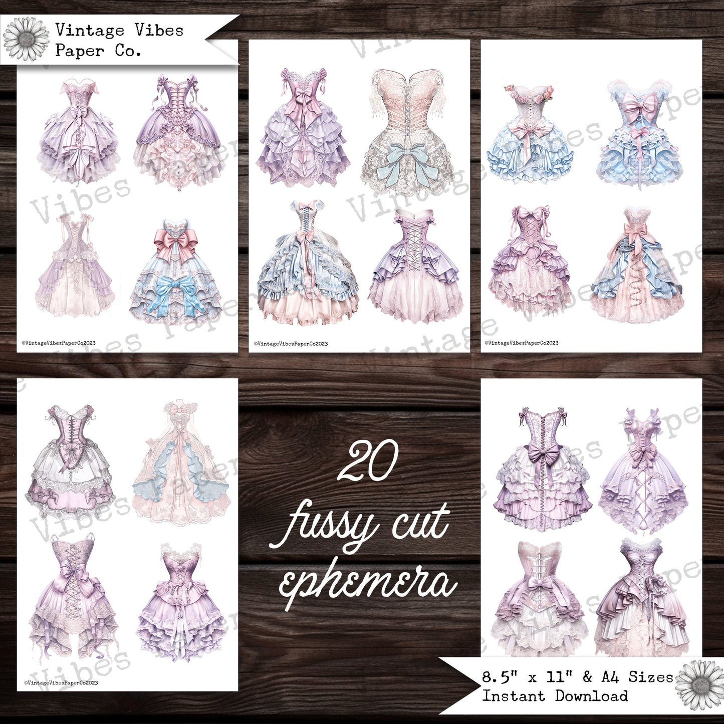 Printable fussy cuts vintage dresses, pink & lilac vintage gown digital ephemera for junk journals, perfect for fashion junk journal