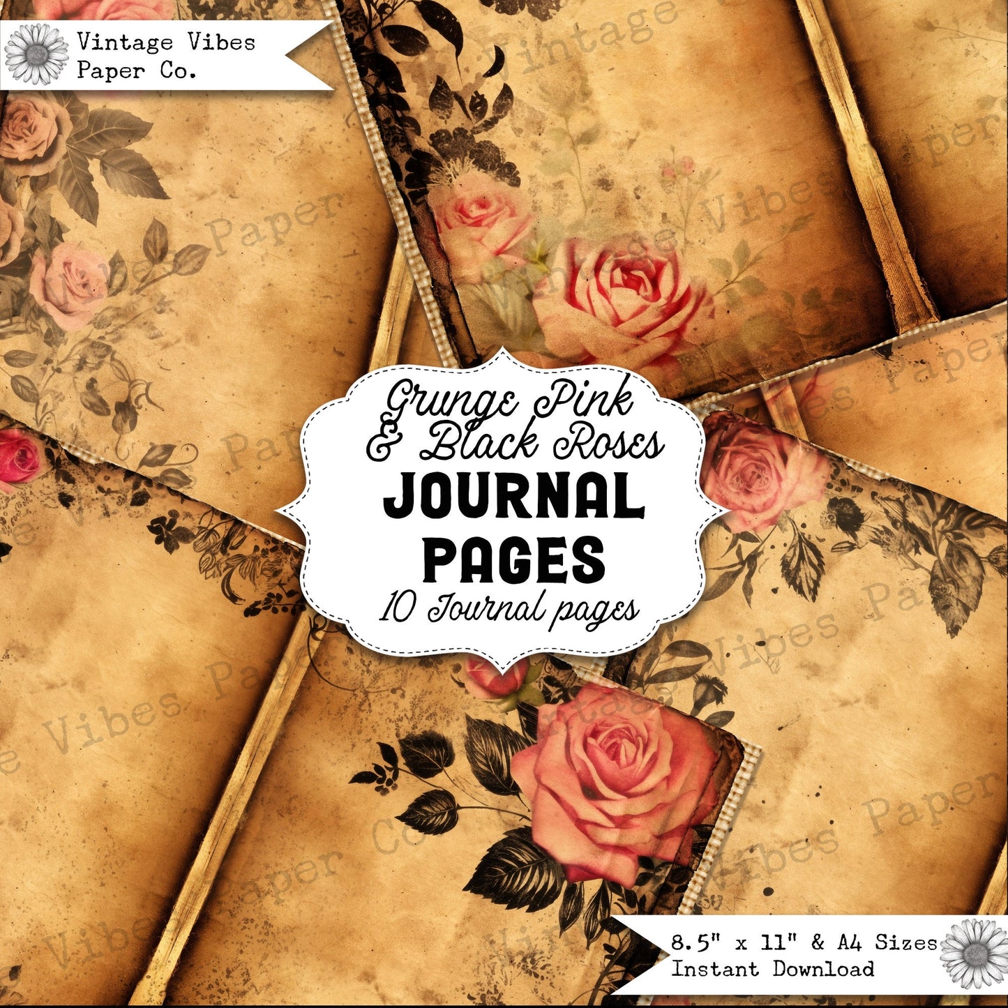 Grunge Pink & Blach Roses Junk journal paper kit, 10 page digital printable junk journal page spread, vintage rose textured papers