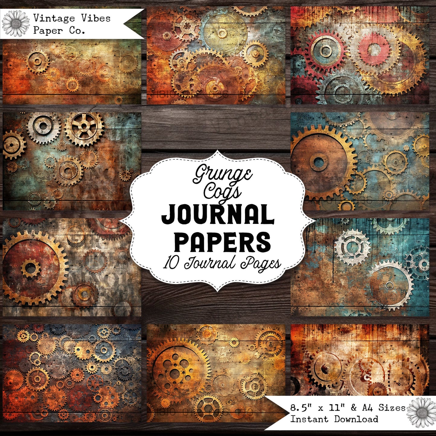 Junk journal papers Grunge cogs, textured rustic mixed media digital papers for junk journals & mixed media collage projects, 10 page kit