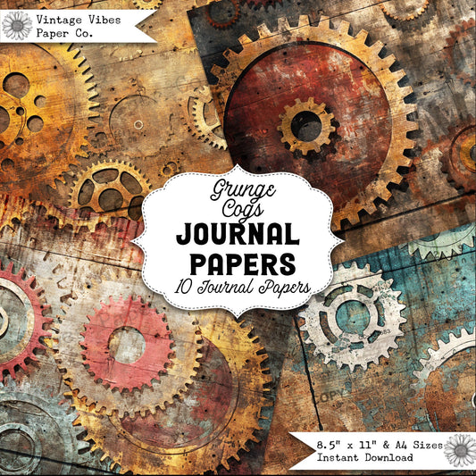 Junk journal papers Grunge cogs, textured rustic mixed media digital papers for junk journals & mixed media collage projects, 10 page kit