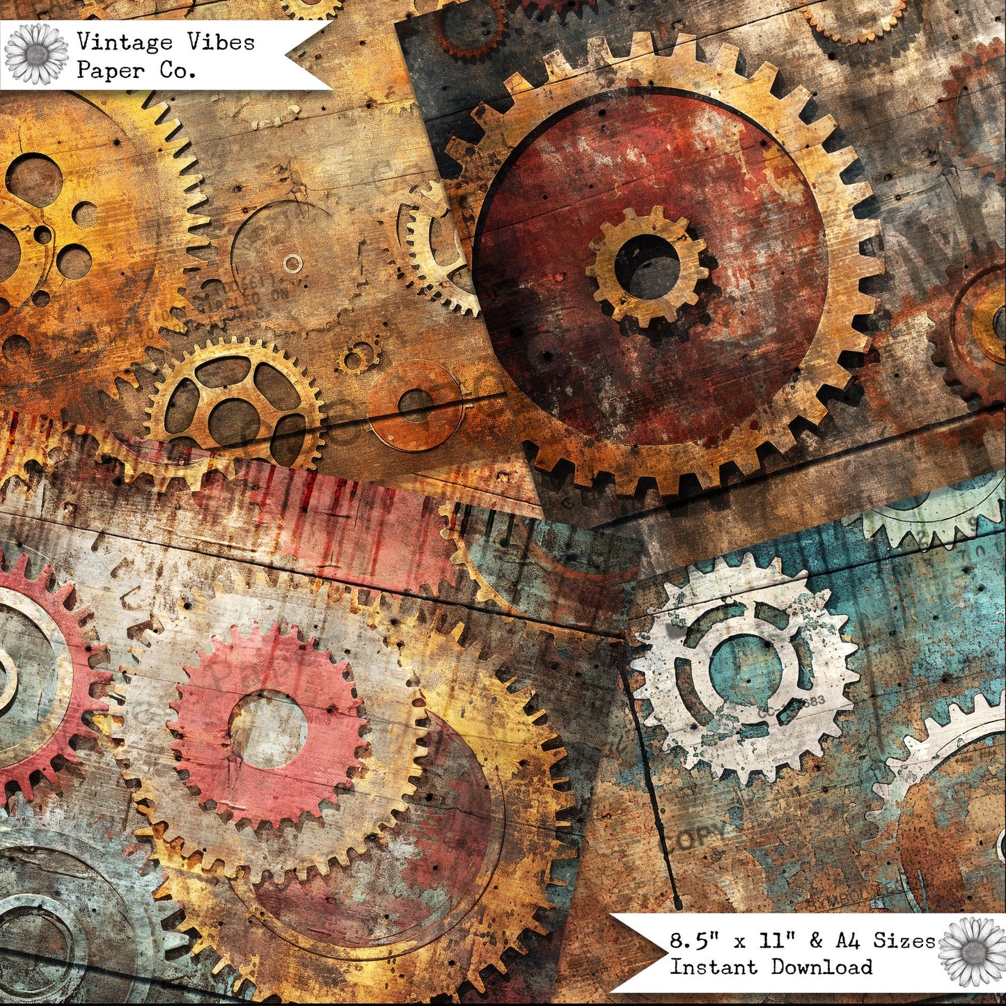 Junk journal papers Grunge cogs, textured rustic mixed media digital papers for junk journals & mixed media collage projects, 10 page kit