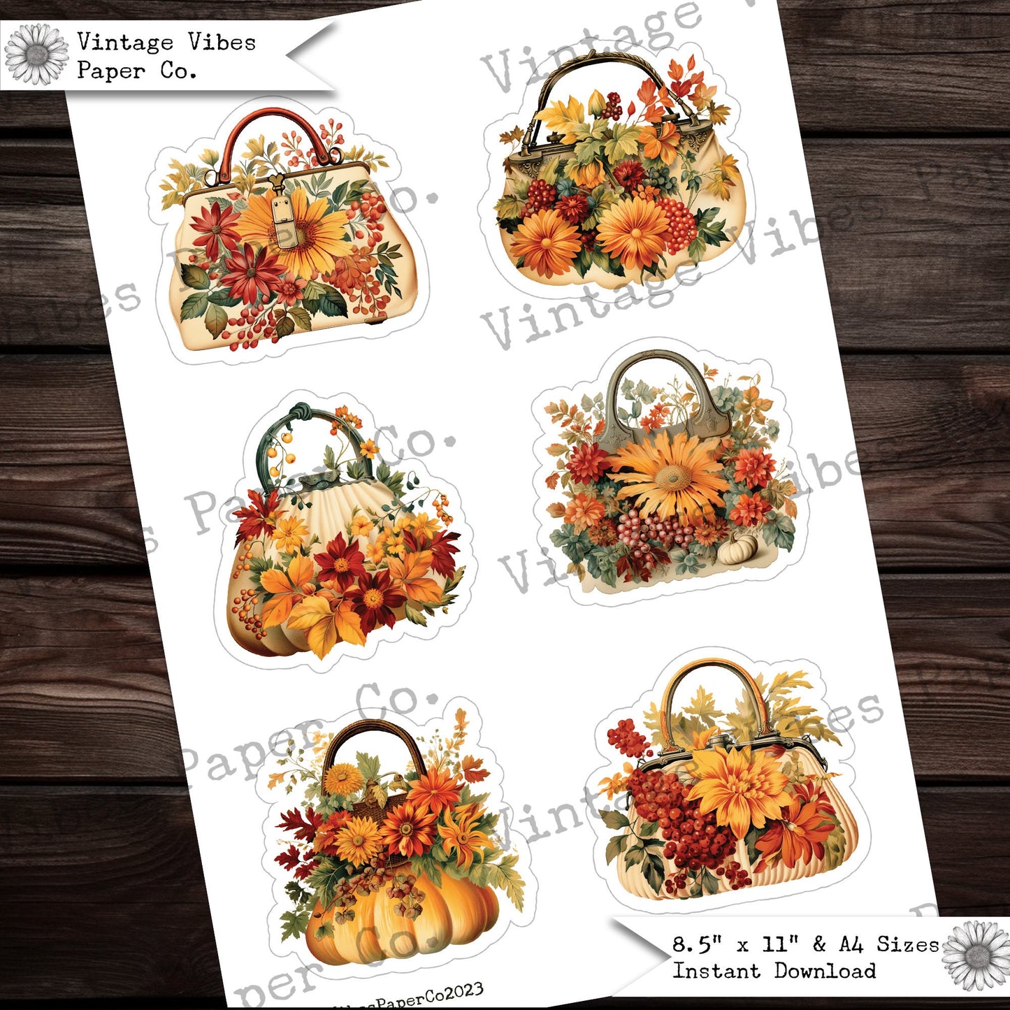 Autumn fussy cut fall handbags, Autumn junk journal digital fussy cuts, flower purse printable ephemera kit, vintage autumn junk journal