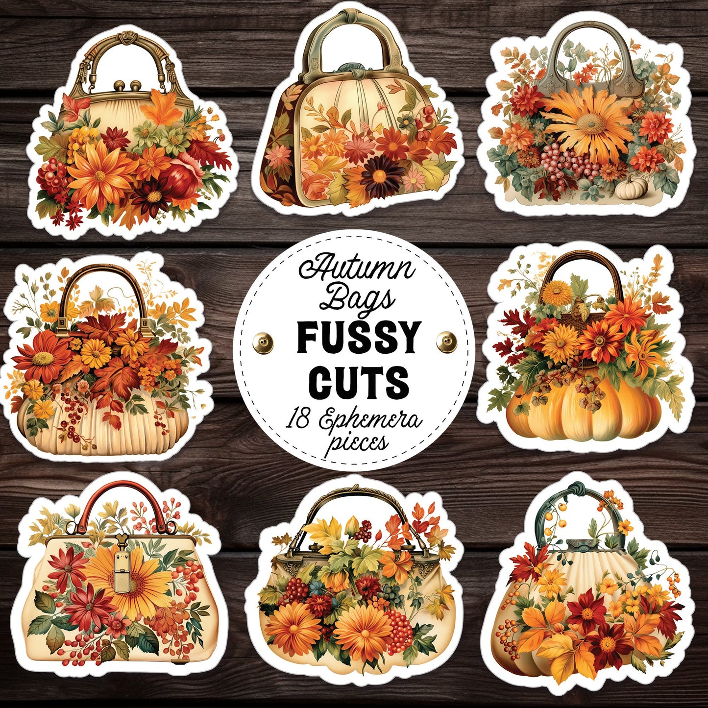 Autumn fussy cut fall handbags, Autumn junk journal digital fussy cuts, flower purse printable ephemera kit, vintage autumn junk journal