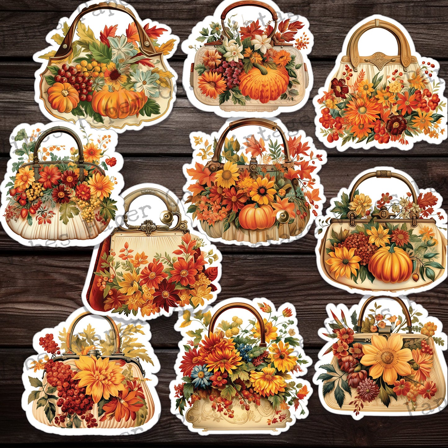 Autumn fussy cut fall handbags, Autumn junk journal digital fussy cuts, flower purse printable ephemera kit, vintage autumn junk journal