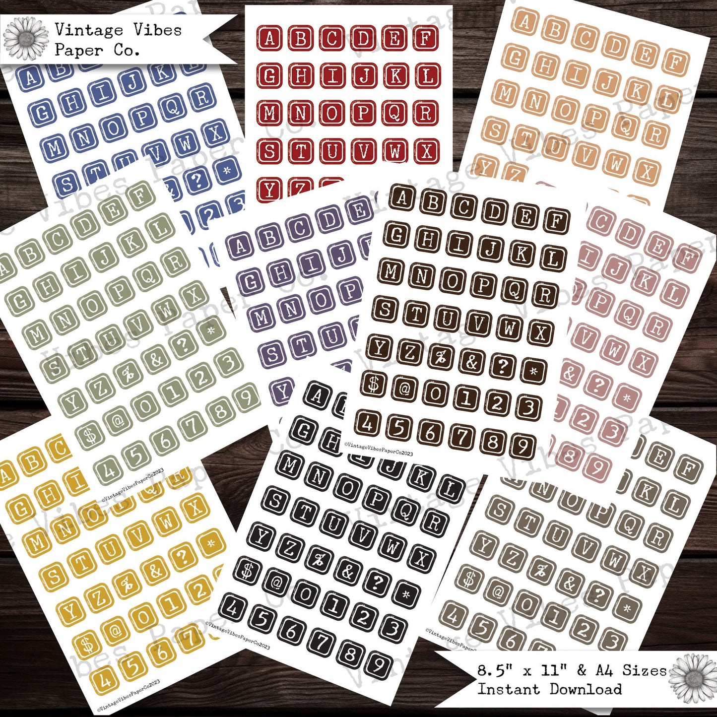 Junk journal printable ephemera coloured typewriter keys, aquare coloulred letter labels to fussy cut out for junk journal projects