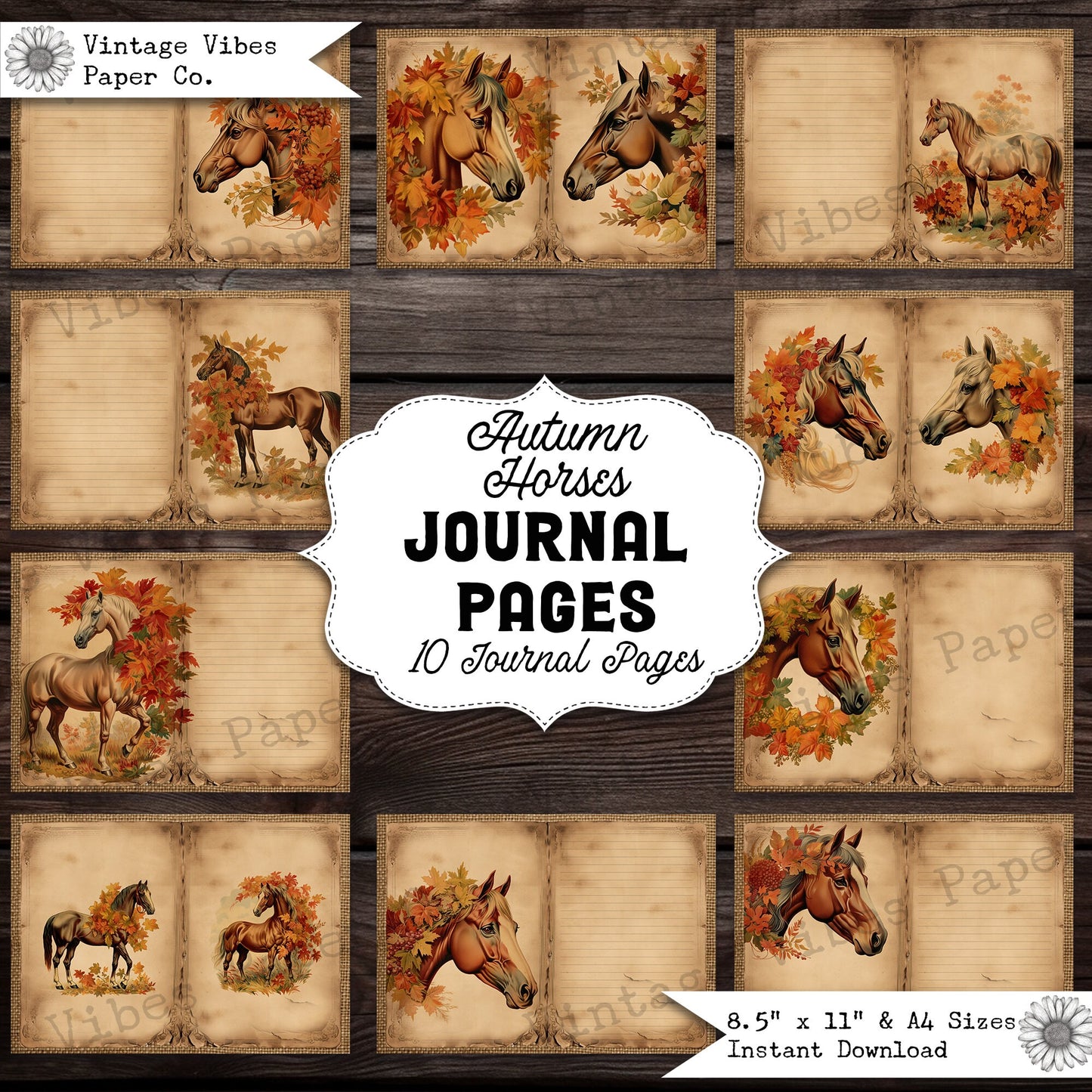 Printable Junk journal pages Autumn horses, fall junk journal paper kit, 10 pages ideal for autumn junk journal, digital paper kit