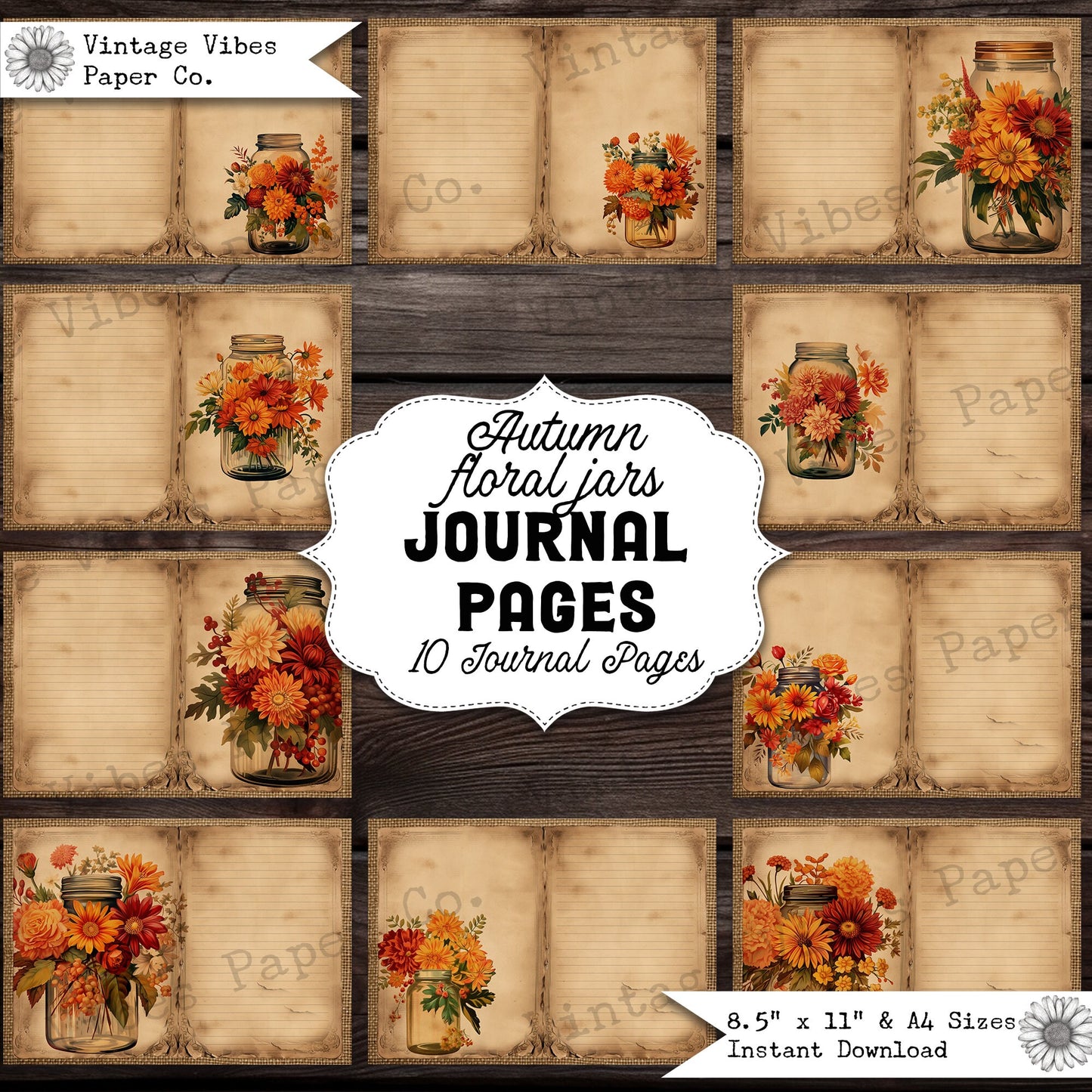 Vintage floral mason jar junk journal pages, printable digital junk journal paper pack, Autumn theme floral junk journal pages, fall theme