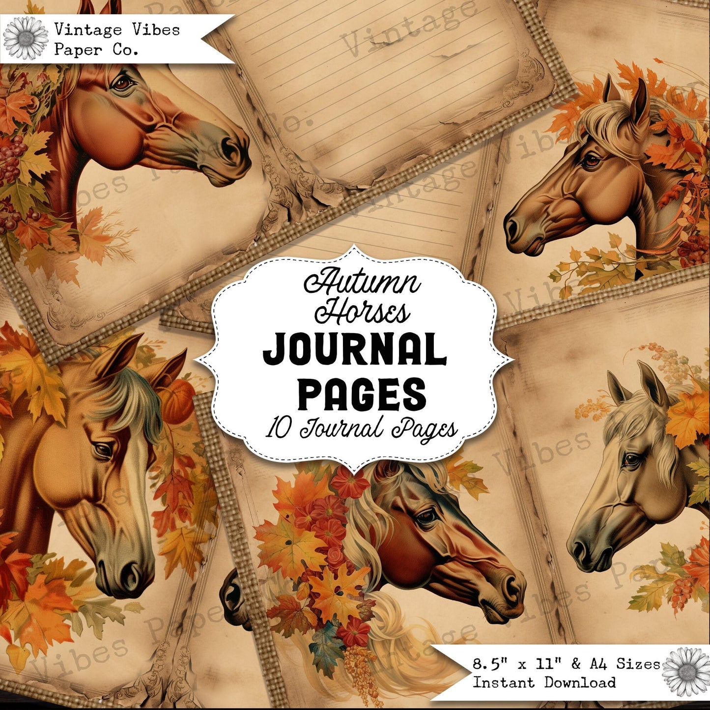 Printable Junk journal pages Autumn horses, fall junk journal paper kit, 10 pages ideal for autumn junk journal, digital paper kit