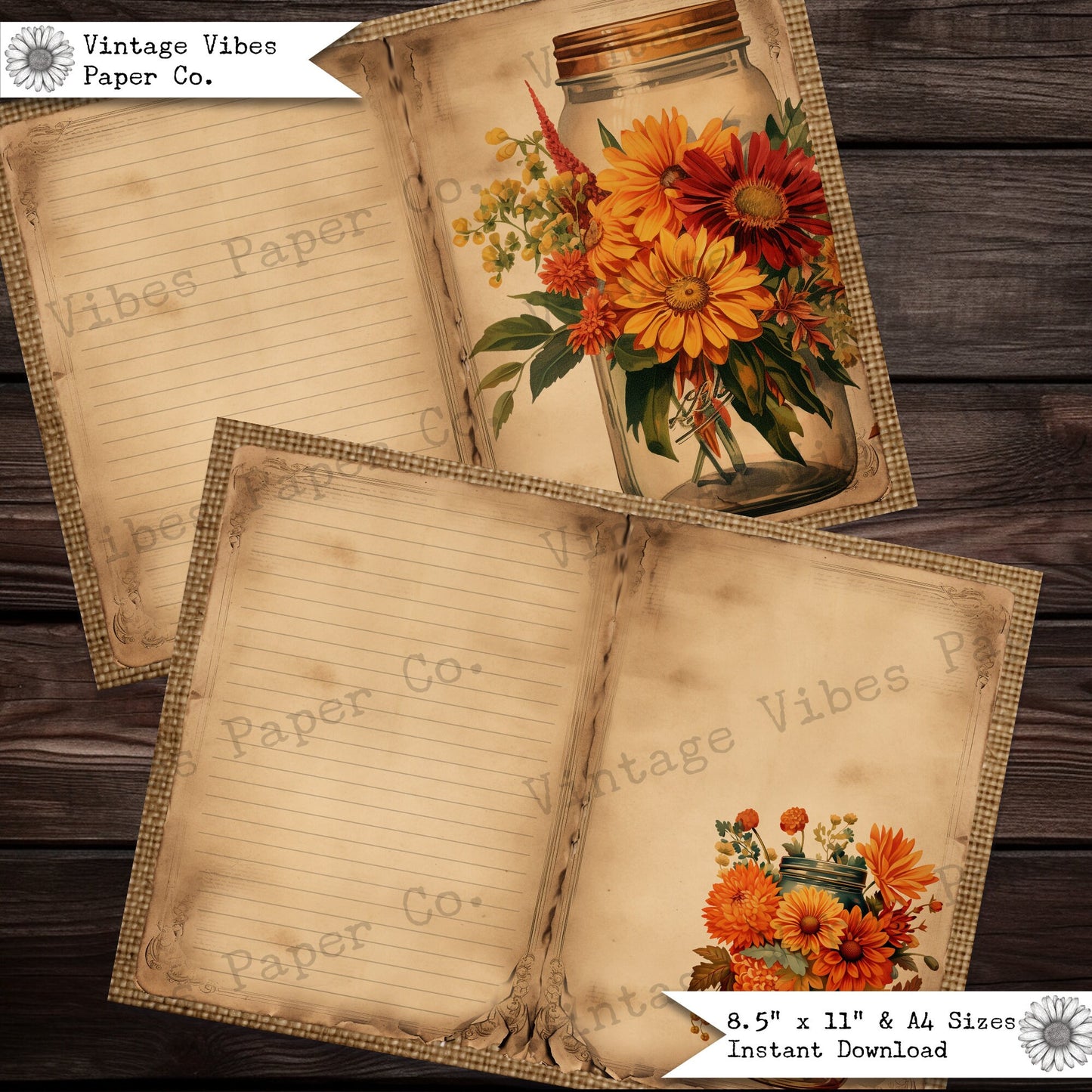 Vintage floral mason jar junk journal pages, printable digital junk journal paper pack, Autumn theme floral junk journal pages, fall theme