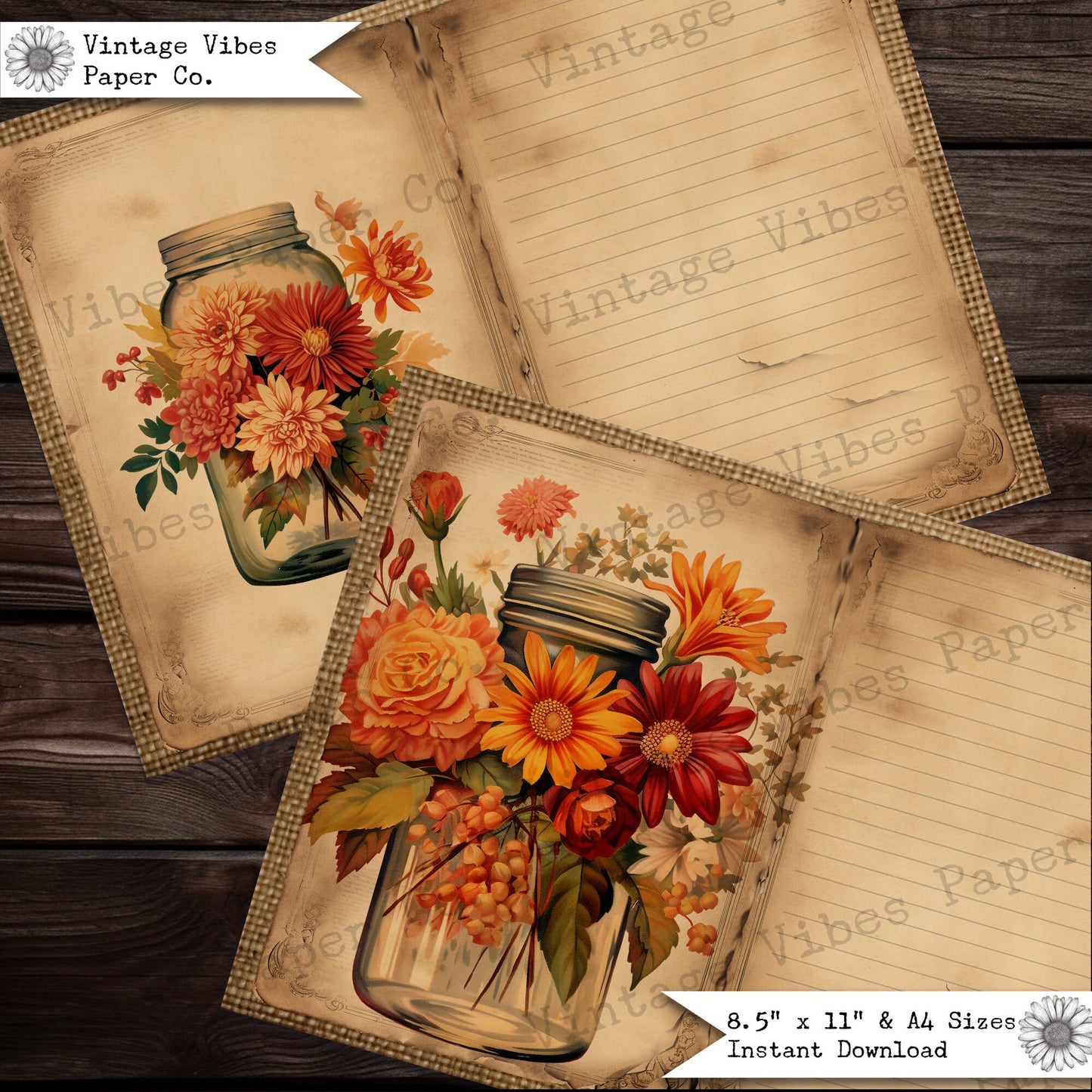 Vintage floral mason jar junk journal pages, printable digital junk journal paper pack, Autumn theme floral junk journal pages, fall theme