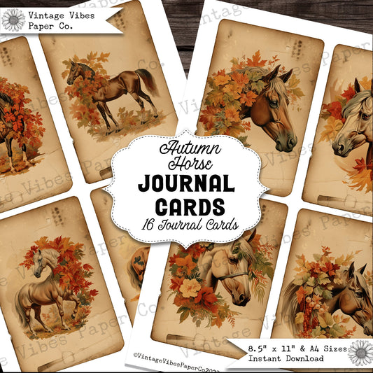 Autumn horse Junk journal cards, digital printable horse lover ephemera perfect for equestrian themed junk journal, vintage fall horses