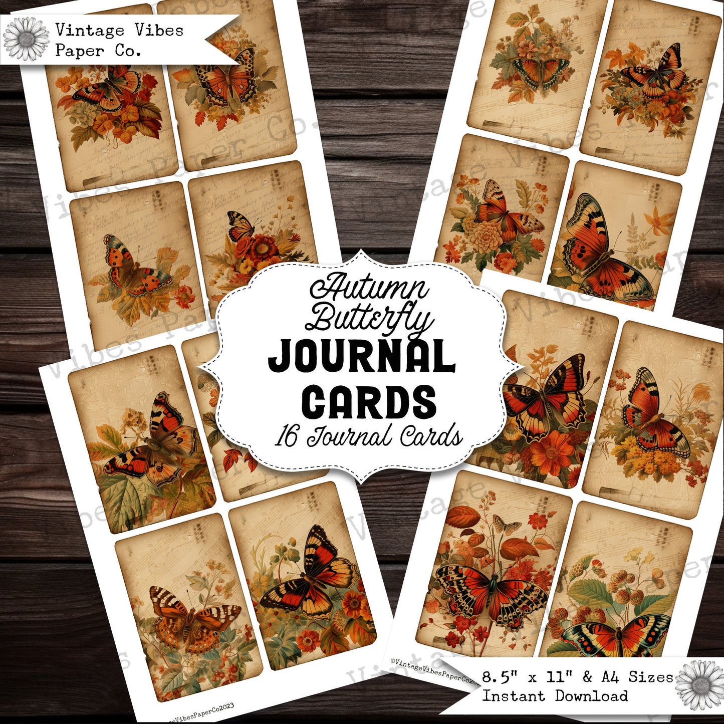 Vintage Autumn butterfly Junk journal cards, 16 printable digital journalling cards ideal for fall junk journal, antique butterfly ephemera