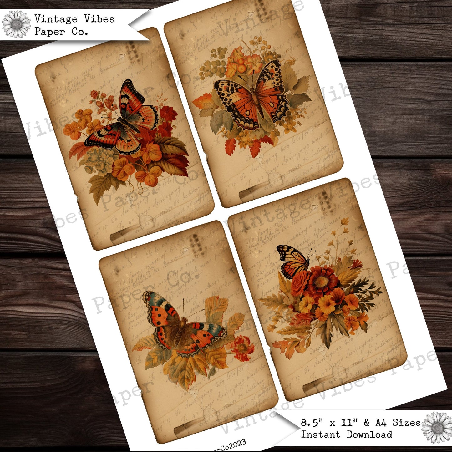 Vintage Autumn butterfly Junk journal cards, 16 printable digital journalling cards ideal for fall junk journal, antique butterfly ephemera