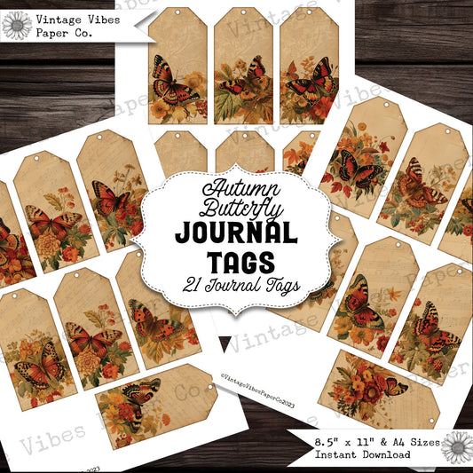 Vintage Autumn butterfly junk journal tags, digital butterfly epehemra for junk journalling, fall butterfly gift tags for nature lovers