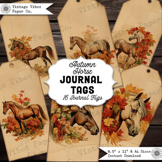 Junk journal tags Autumn Horses perfect for horse lover junk journal, equestrian theme junk jouranl ephemera, vintage horse gift tags