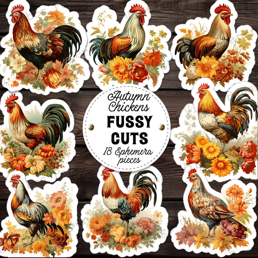 Junk journal fussy cut ephemera Autumn chickens perfect for farm themed junk journal, fall hen junk journal cut outs digital ephemera sheets