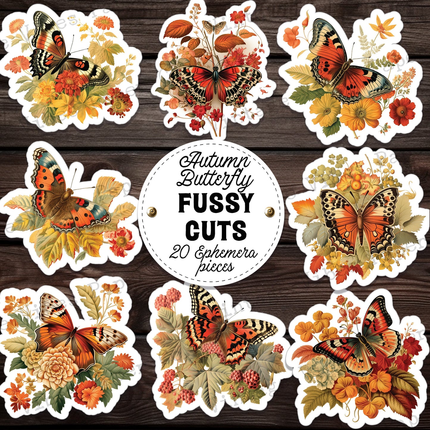 junk journal fussy cut ephemera vintage autumn butterflies, fall butterfly themed cut out digital ephemera printable vintage butterfly image