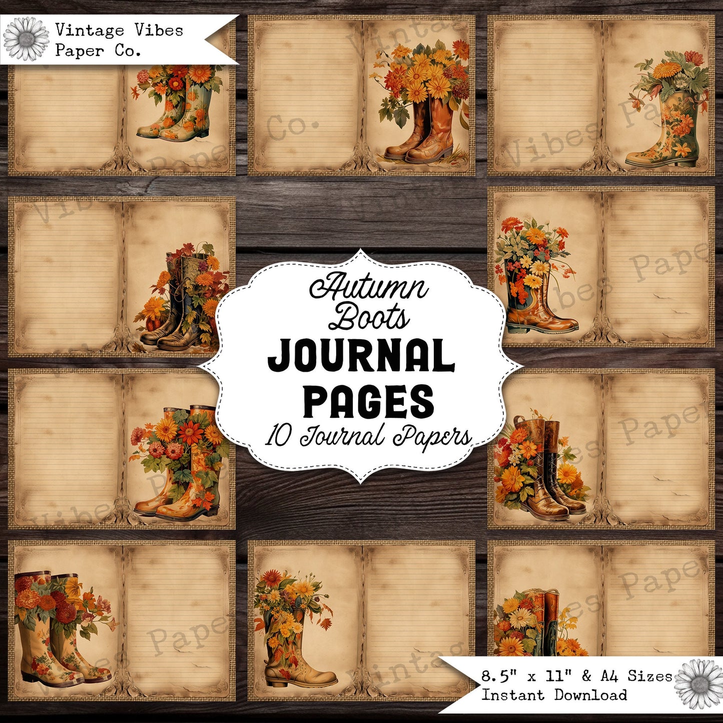 Junk journal pages Autumn boots, digital junk journal paper kit for fall, 10 pages fall flowers vintage junk journal kit, lined pages