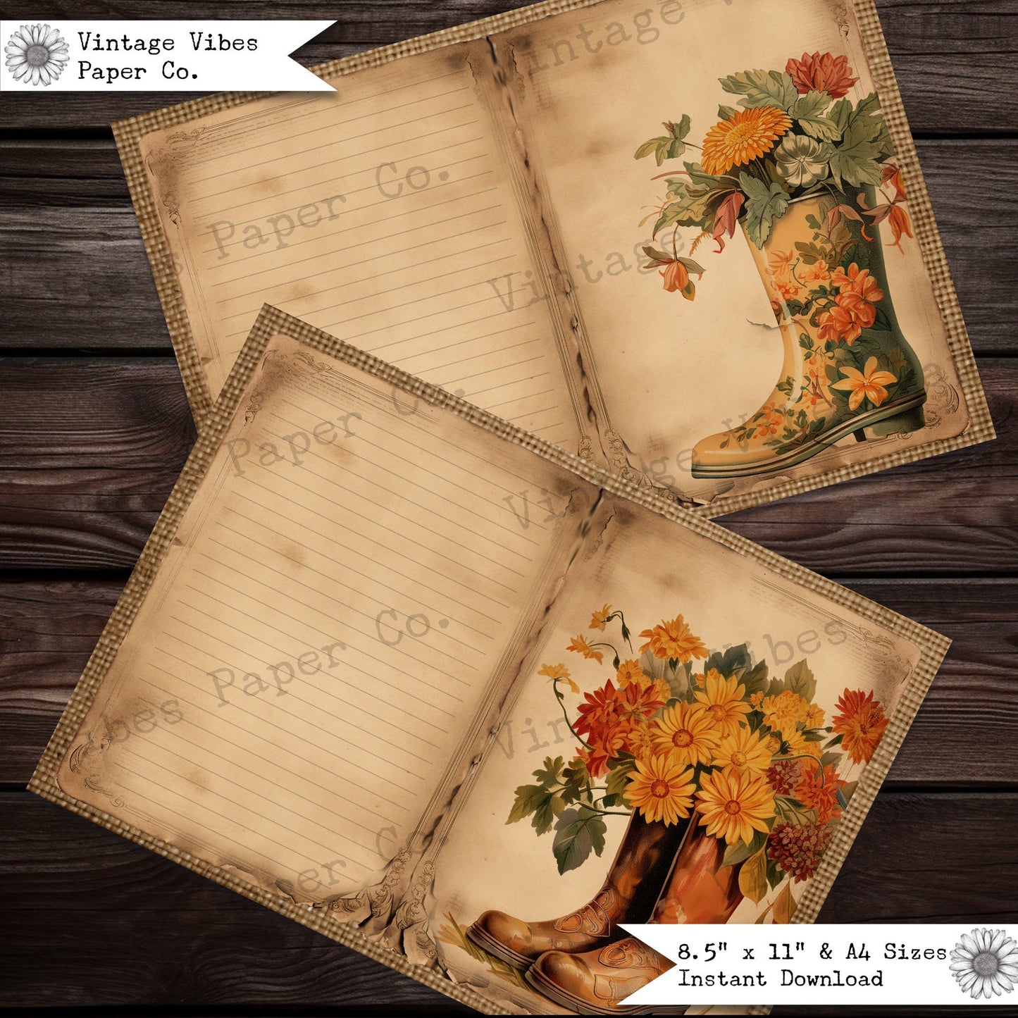 Junk journal pages Autumn boots, digital junk journal paper kit for fall, 10 pages fall flowers vintage junk journal kit, lined pages