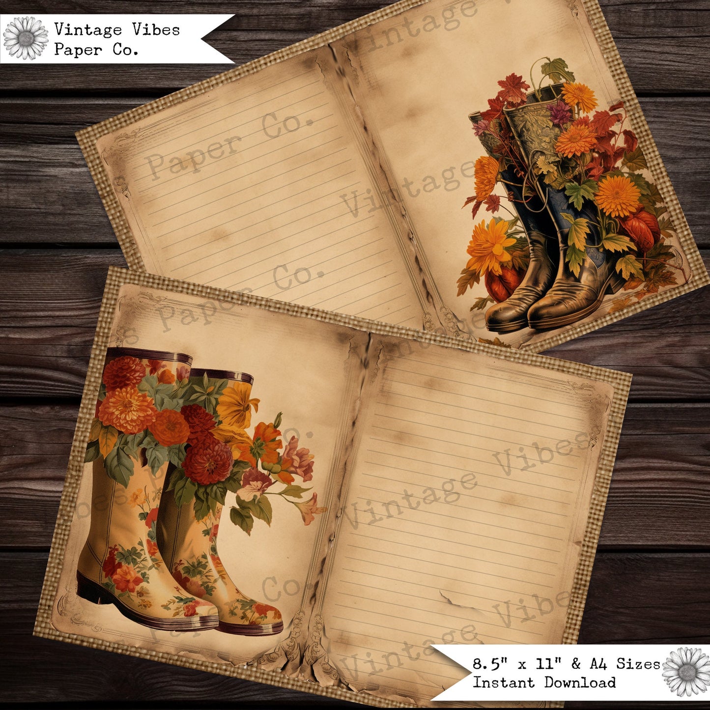 Junk journal pages Autumn boots, digital junk journal paper kit for fall, 10 pages fall flowers vintage junk journal kit, lined pages