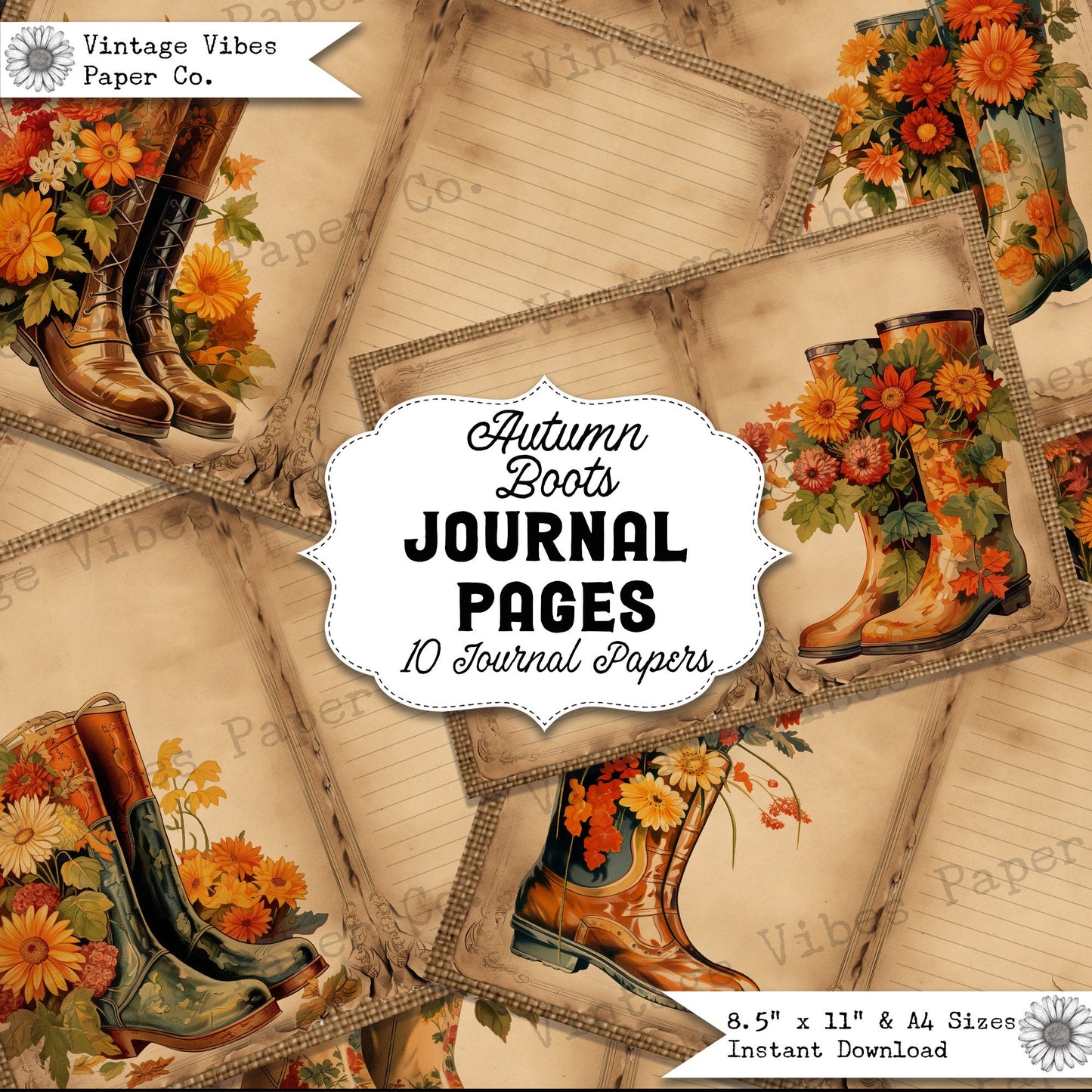 Junk journal pages Autumn boots, digital junk journal paper kit for fall, 10 pages fall flowers vintage junk journal kit, lined pages