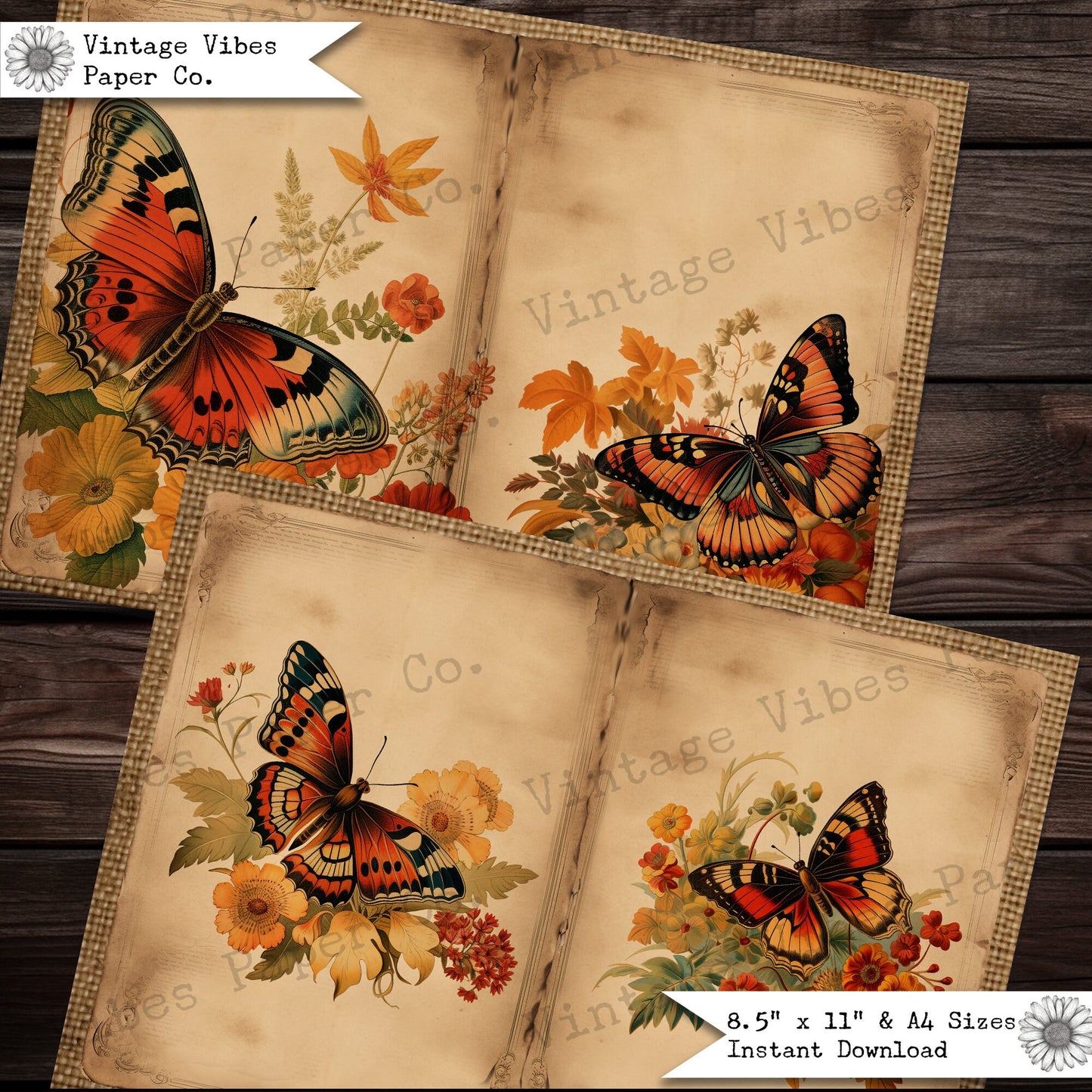 Junk journal page spreads Autumn butterfly, 10 digital junk journal papers, vintage floral butterflies printable fall scrapbook pages