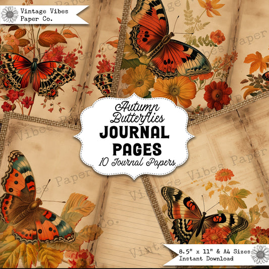 Junk journal page spreads Autumn butterfly, 10 digital junk journal papers, vintage floral butterflies printable fall scrapbook pages