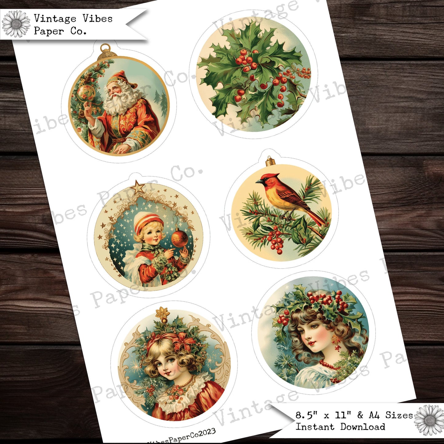 Vintage style round ephemera christmas theme fussy cuts for junk journals, vintage retro 1920's festive junk journal ephemera winter theme