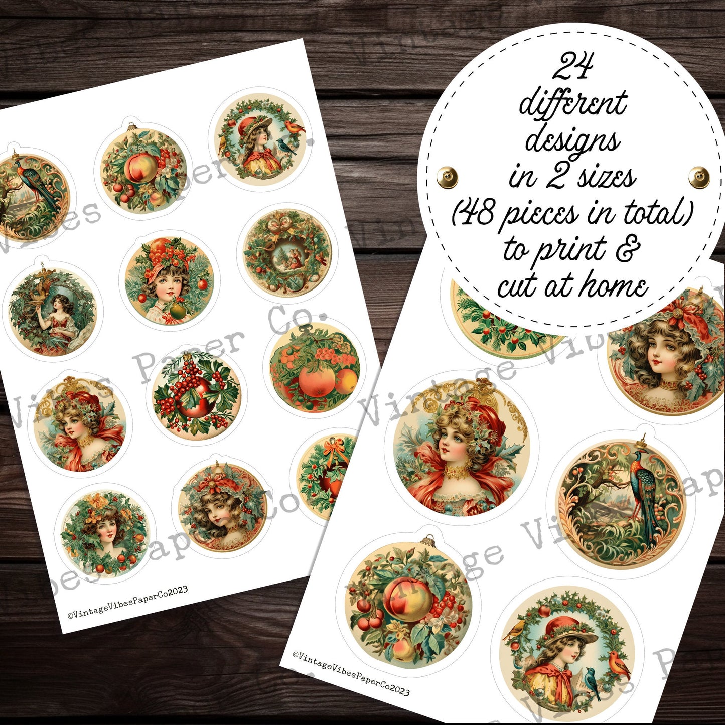 Vintage style round ephemera christmas theme fussy cuts for junk journals, vintage retro 1920's festive junk journal ephemera winter theme