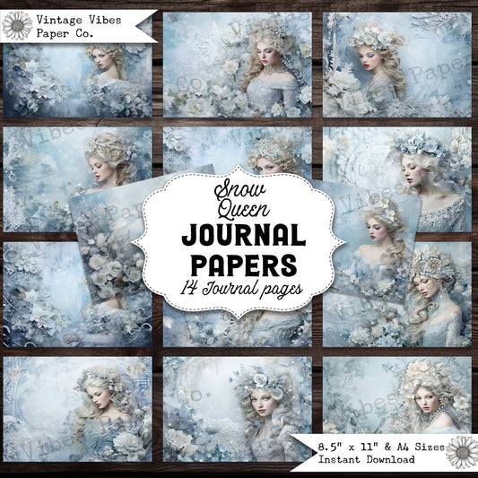 Junk journal papers snow queen, digital christmas printable papers, blue floral festive junk journal pages, winter journal spread