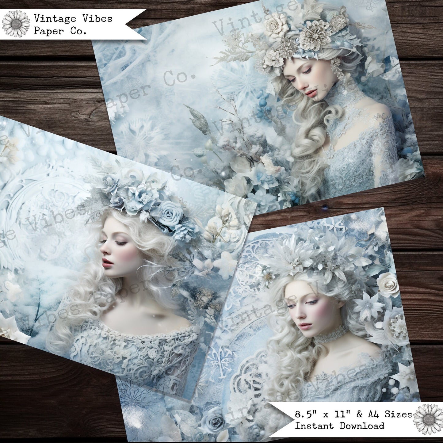 Junk journal papers snow queen, digital christmas printable papers, blue floral festive junk journal pages, winter journal spread