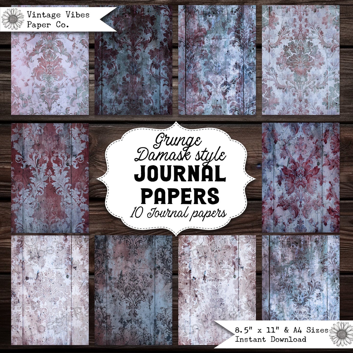 Junk journal papers Red & Blue Grunge Damask , textured vintage junk journal papers, download printable digital junk journal paper kit