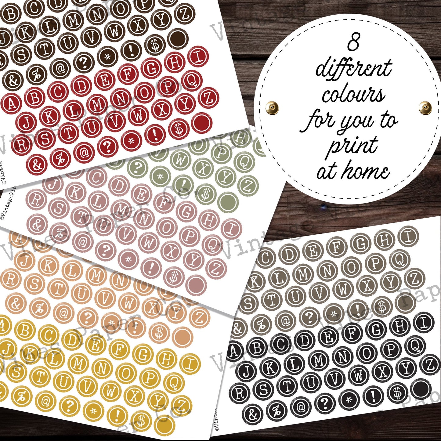 Junk journal printable ephemera coloured typewriter keys, circle coloulred letter labels to fussy cut out for junk journal projects